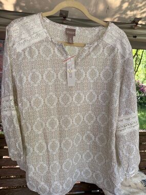 Chico's Cream and Tan Lace-Trim Printed Blouse